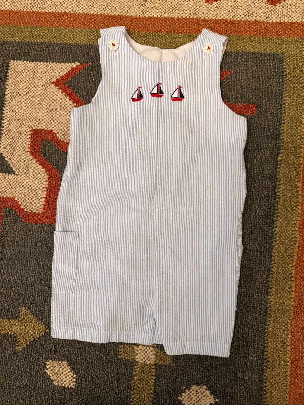 Starting Out Light Blue & White Seersucker Baby Romper with Sailboat Embroidery